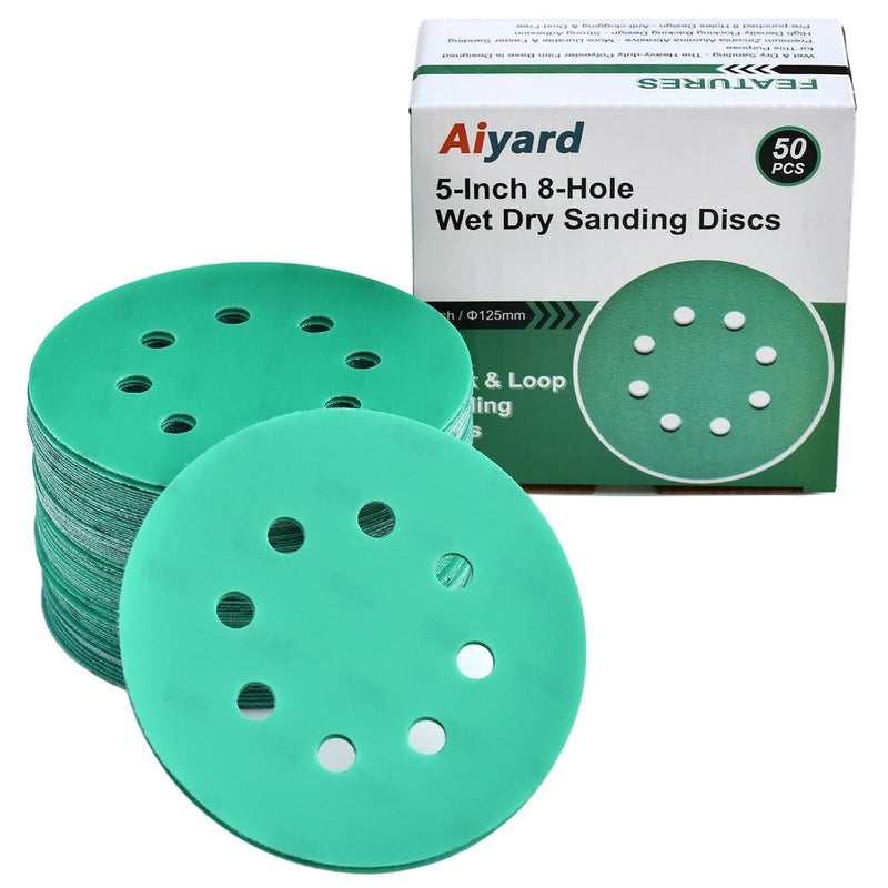 Aiyard 5-Inch 8-Hole Wet Dry Sanding Discs 2000 Grit, Polyester Film Backed Heavy-Duty Hook and Loop Sandpaper for Random Orbital Sander, 50-Pack - Image 1